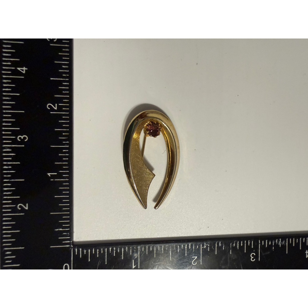 Vintage Gold Tone Open Teardrop Brooch Purple Rhinestone Mid Century Modern Pin